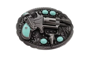 Men Western Belt Buckle Silver Metal Revolver Pistol Gun Feather Bull Turquoise  - Picture 1 of 7