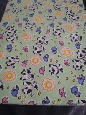Farm Animals Cows / Pigs Prints Flannel Fabric Kids 3 Yards Green Multicolor  - Image 1 of 4
