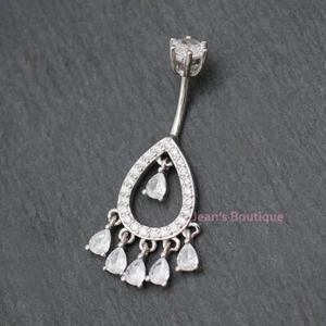 Sterling Silver Belly Button Ring Dangle Navel Curved Bar Piercing A4518 - Picture 1 of 9