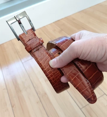 女士 CALVIN KLEIN 棕色 意大利鳄鱼 CalFSKIN 修身腰带 尺寸 中号 复古 — 第 1/4 张图片