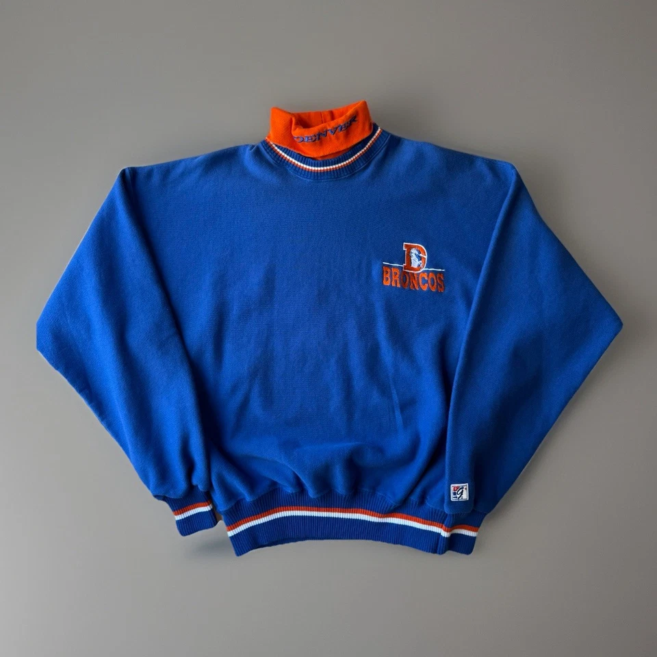 Vintage Denver Broncos Sweatshirt Large Blue 90s Fleece Turtleneck NFL Football - Image 1 of 4