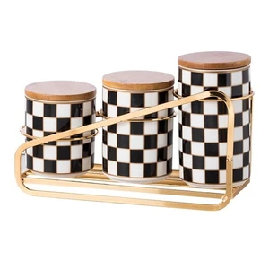 Kitchen Countertop Ceramic Checkered Canisters Set, 3Pcs Grid Pattern Kitchen... - Picture 1 of 9