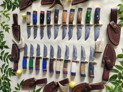 Lote de 20 cuchillos de caza desolladores de acero Damasco hechos a mano de 6" con fundas de cuero Foto 1 de 4