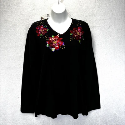 NEW Quacker Factory Floral Sequin Sweater Size XS Black Holiday Long Sleeve Top - Image 1 of 4