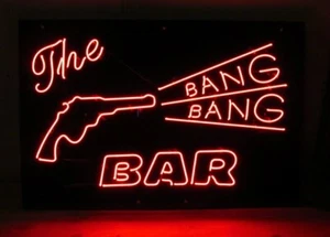 The Bang Bang Bar Pistola Luz de Neón Letrero Lámpara Bar de Cerveza Club Abierto Obra de Arte 24"x20" - Imagen 1 de 16