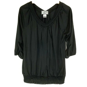 Mary McFadden 1X Blouse V-Neck Braided Collar Semi Sheer Half Sleeve Stretch - Picture 1 of 6