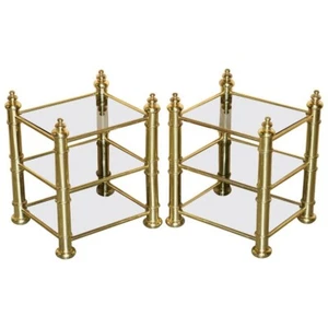 VINTAGE PAIR OF MID CENTURY MODERN BRASS & SMOKED GLASS ETAGERE SIDE END TABLES - Picture 1 of 19