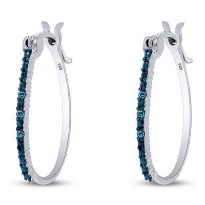 Pendientes de aro redondos azules con detalles de diamantes naturales enchapados en oro blanco de 14K en plata Foto 1 de 4