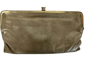 Hobo International Lauren Leather Double Kiss Lock Frame Clutch Gold Wallet Vtg - Picture 1 of 6
