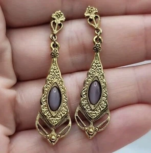 1928 Purple Gold Tone Victorian Style Dangle Pierced Earrings - Picture 1 of 14