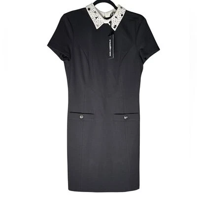 Mini Vestido Karl Lagerfeld Paris Negro Mujer Talla 6 Tachonado Cuello Diseñador NUEVO Foto 1 de 4