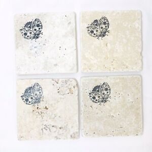 Set Of 4 Travertine 4'' X 4'' Cork Back Uniquely Handmade Natural Stone Coasters