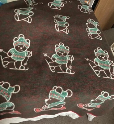 Polar Bears Teddy Bear Fleece Throw Blanket Brown&White Bears Red Edging - Image 1 of 4