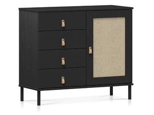 Sideboard Kommode Wohnzimmerschrank CINOY II Massivholz Kiefer schwarz Rattan - Bild 1 von 9