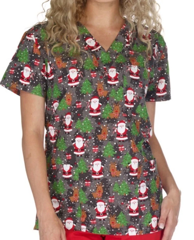 NWT Women's Medium Christmas Santa Reindeer Print I Love Scrubs Scrub Top - Image 1 of 1