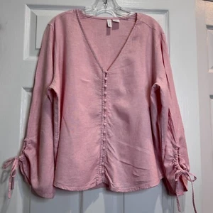 Cynthia Rowley Linen Blend Top Peasant Blouse Pink Covered Buttons Beach Size XL - Picture 1 of 14