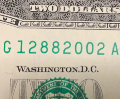 12882002 December 8, 2002 $2 Dollar Bill Fancy Serial Number Birthday Note UNC - Image 1 of 3