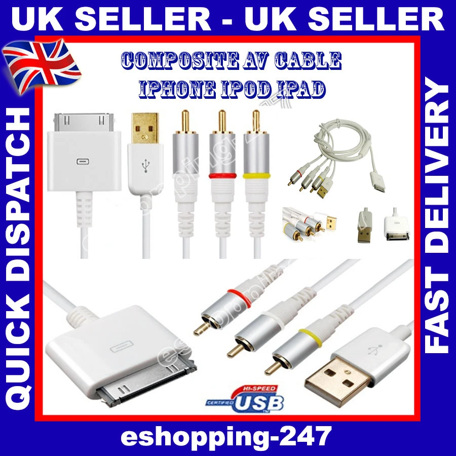 RCA Composite Audio Video to TV USB Charger White Cable for iPhone 3/4 Ipad 2/3 - Image 1 of 1
