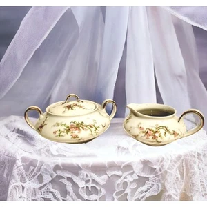 Antique Theodore Haviland Limoges China Lrg Cream & Lidded Sugar Set Pink Floral - Picture 1 of 12