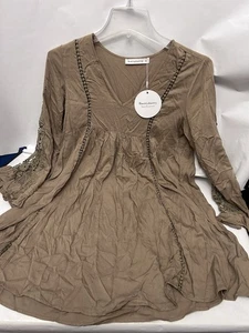 Rustty Dustty Mujer Túnica Mediana Manga Larga Vestido Encaje Marrón Claro/Verde - Imagen 1 de 5