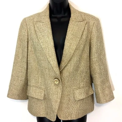 Lafayette 148 Jacket 10 blazer tan tweed 3/4 cotton blend M - Image 1 of 4