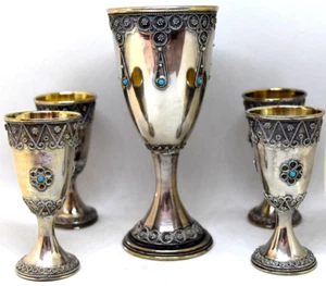 Antico set di cinque tazze vintage in argento sterling e filigrana turchese - Foto 1 di 12