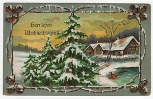 AK Weihnachten, Prägekarte, Blick zum See, Haus, Tannen mit Schnee, Vögel - Bild 1 von 2