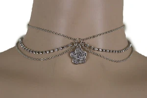 Women Fashion Jewelry Silver Metal Chains Choker Necklace Flower Charm - Picture 1 of 12
