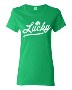 St Patrick Day Pat's LUCKY Shamrock Junior Fit Ladies Tee Shirt 1582 - Picture 1 of 2