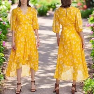NEW Calvin Klein Yellow Floral Printed V-Neck Hi-Low Midi Dress Size 22W - Picture 1 of 11