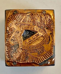 Letterpress PRINTERS Cooper Block ANCIENT ORDER UNITED WORKMEN  1 1/4'' x 1'' - Picture 1 of 2