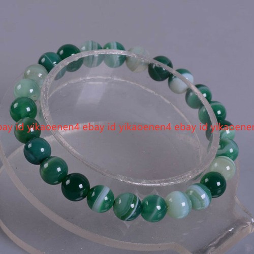 VALENTINO Bracciale 6 8 10 12 14mm Agata Verde Righe Gemme Tonde Perline Elasticizzato 7 5''