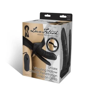 Lux Fetish Unisex Vibrating Hollow Double Penetration Strap-On 6" Dildo Black - Picture 1 of 6