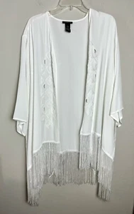 Catherines Plus White Open Front Fringe Hem Kimono Embroidered Boho Size 2X - Picture 1 of 9