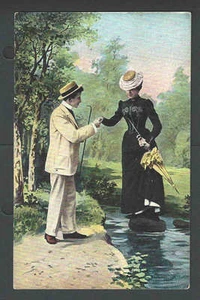 Ca 1910 PPC* Gentleman Helping Lady Crossing A Stream Mint - Picture 1 of 1