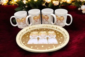 Vintage Hallmark Weihnachten 4er Set betender Engel Trio Tassen & Tablett Frieden Liebe & Freude - Bild 1 von 16