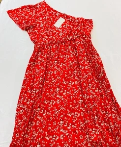 women's BTFBM long red & white floral dress size XXL one shoulder elastic waist - Picture 1 of 7
