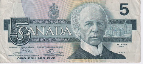 1986 Canada 5 Dollars Banknote - P# 95a - Crow / Bouey - Fine - # 29732 Cover