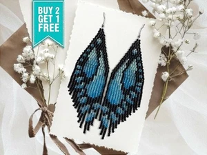 Blue Butterfly Beaded Fringe Earrings, Ombre Boho Dangle | Handmade Hippie State - Picture 1 of 10