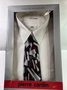 Pierre Cardin White Dress Shirt & Silk Tie Set Geometric Pattern 16-16 1/2 34/35 - Picture 1 of 6