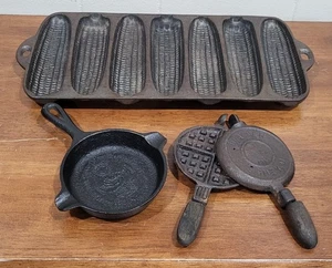 Vintage Lot of Wagner Ware Cat Iron Corn bread Pan Mini Skillet Mini Waffle Iron - Picture 1 of 11