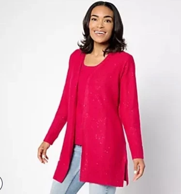 Isaac Mizrahi Live! Cárdigan delantero abierto hilo lentejuelas rubí brillante talla pequeña nuevo sin etiquetas Foto 1 de 4