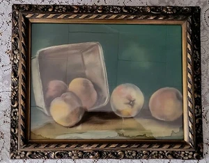 Antiker Pfirsiche Korb Stillleben Pastellmalerei in verziertem Rahmen 15,75" B x 13" - Bild 1 von 11