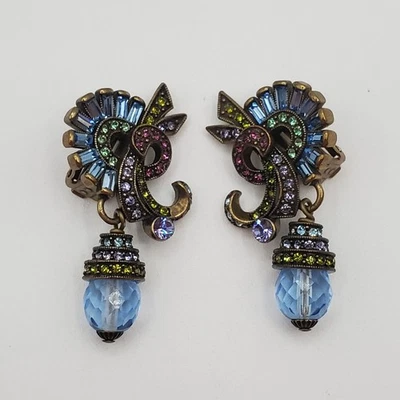Pendientes de Clip Heidi Daus De Colección 1.75" Tono Dorado Azul Gota Cristal Facetado Estate Foto 1 de 4