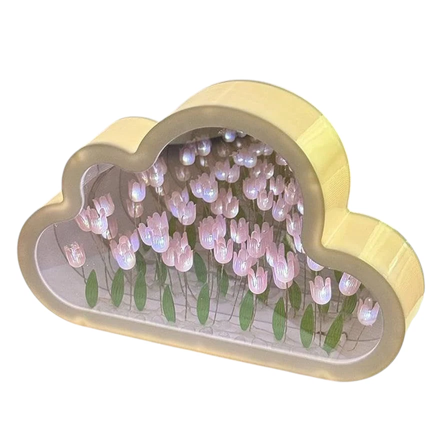 Hecho a mano hágalo usted mismo Flor de tulipán Nube Espejo LED Luz Nocturna Dormitorio Decoración Lámpara Foto 1 de 3