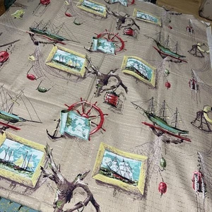 VTG 1950s Mid Century Nautical Ship Sailing Theme Fabric 41x98 Sewing Curtains - Picture 1 of 7