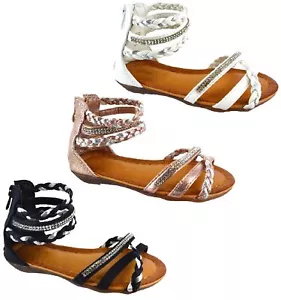 GIRLS KIDS FLAT CHILDRENS SUMMER FLAT LOW ZIP BEACH HOILDAY DIAMANTE SANDALS SZ - Picture 1 of 4