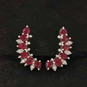 2Ct Pear Cut Lab Created Red Ruby Leaf Line Stud Earrings 14K White Gold Plated - Picture 1 of 8