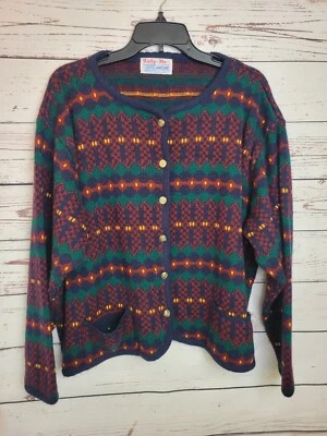 Cardigã suéter feminino vintage Tally Ho malha vermelha preppy tamanho 52" peito 2X-3X - Imagem 1 de 4