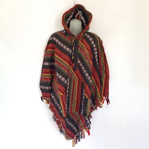 Red Black Poncho Boho Baja Shawl Festival Hippie Outdoor Surf Mexican Camp - Picture 1 of 4